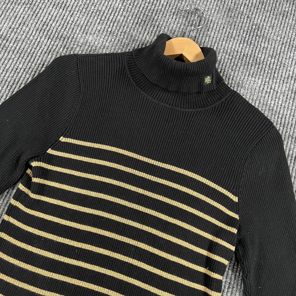 Lauren Ralph Lauren Sweater Womens Large Black Stripe Turtleneck Ribbed Knit